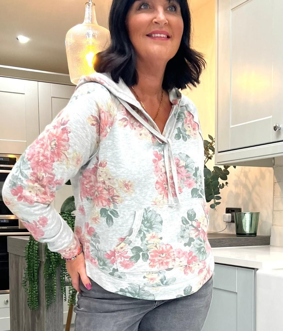 Grey Floral Hooded Jumper