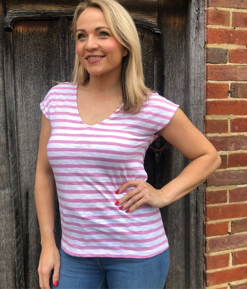 Pink Striped Cotton V Neck Top