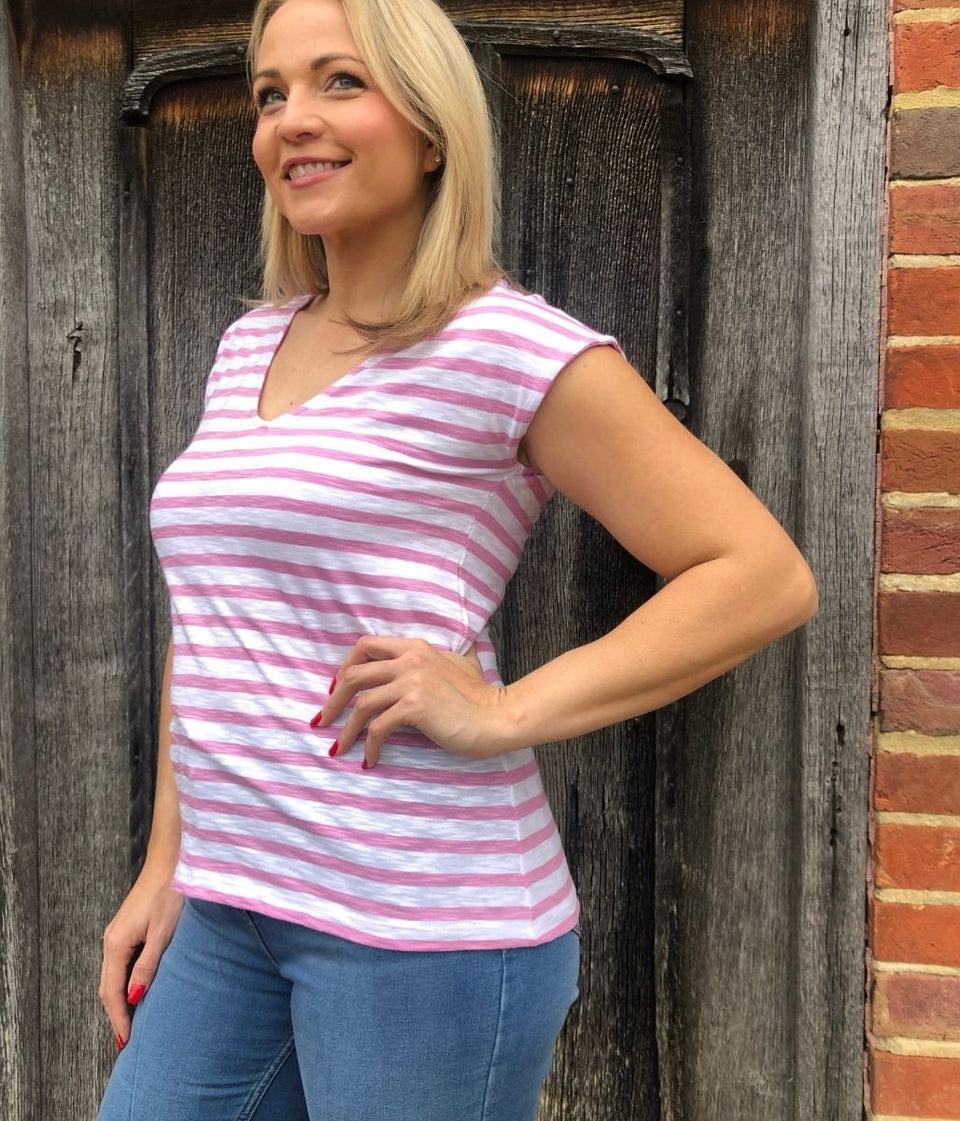 Pink Striped Cotton V Neck Top