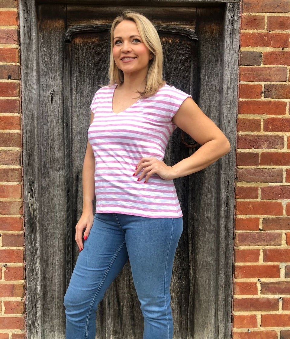 Pink Striped Cotton V Neck Top