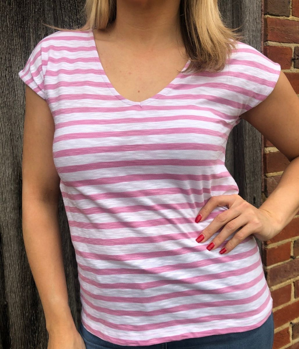 Pink Striped Cotton V Neck Top