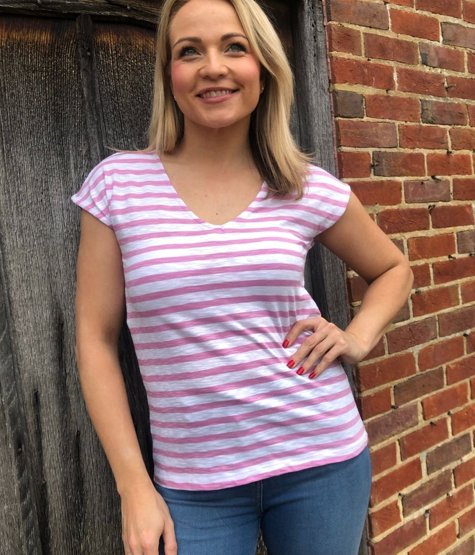 Pink Striped Cotton V Neck Top