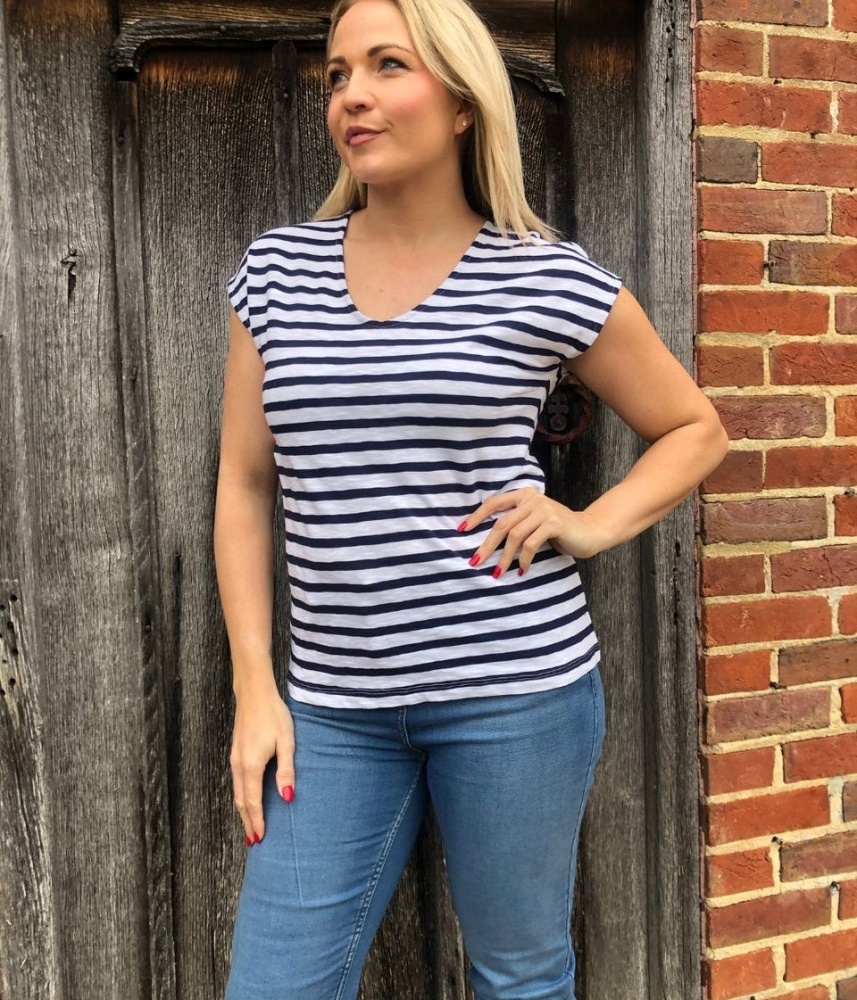 Navy Striped Cotton V Neck Top