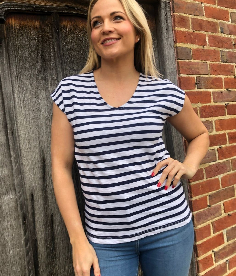 Navy Striped Cotton V Neck Top