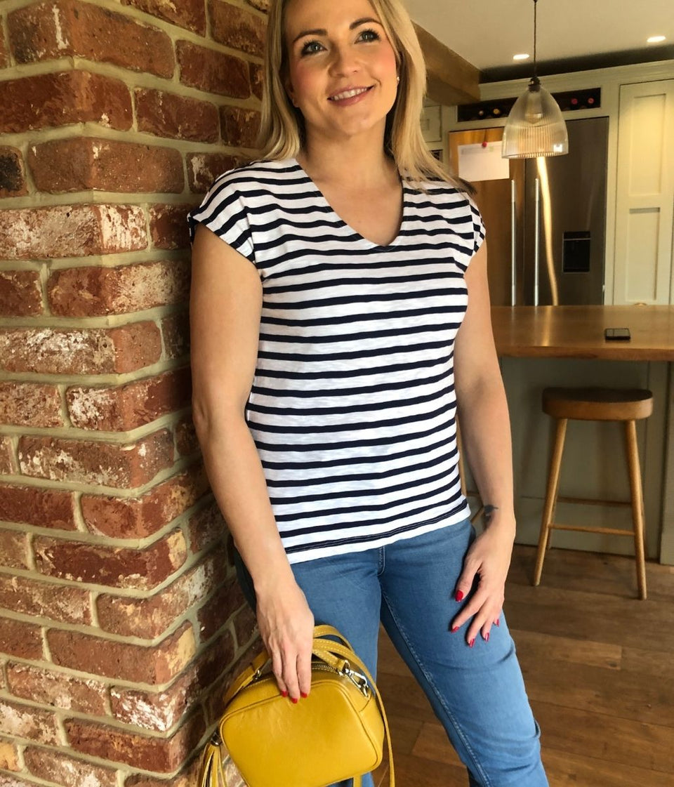 Navy Striped Cotton V Neck Top