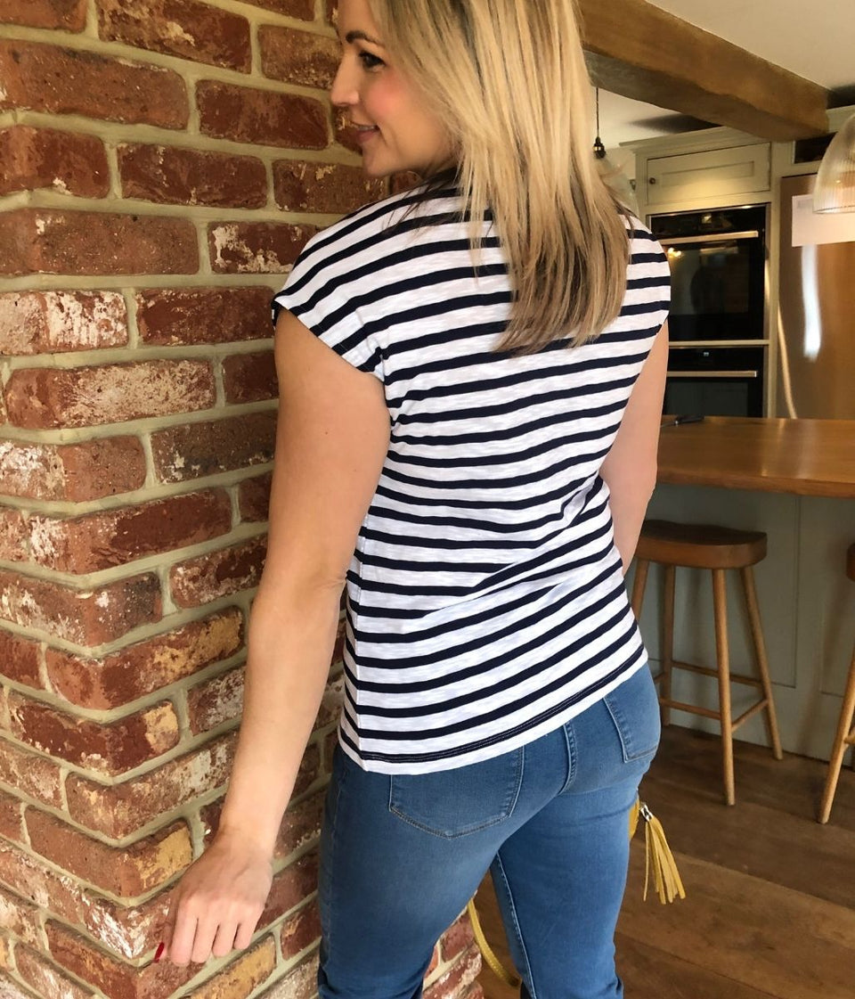 Navy Striped Cotton V Neck Top