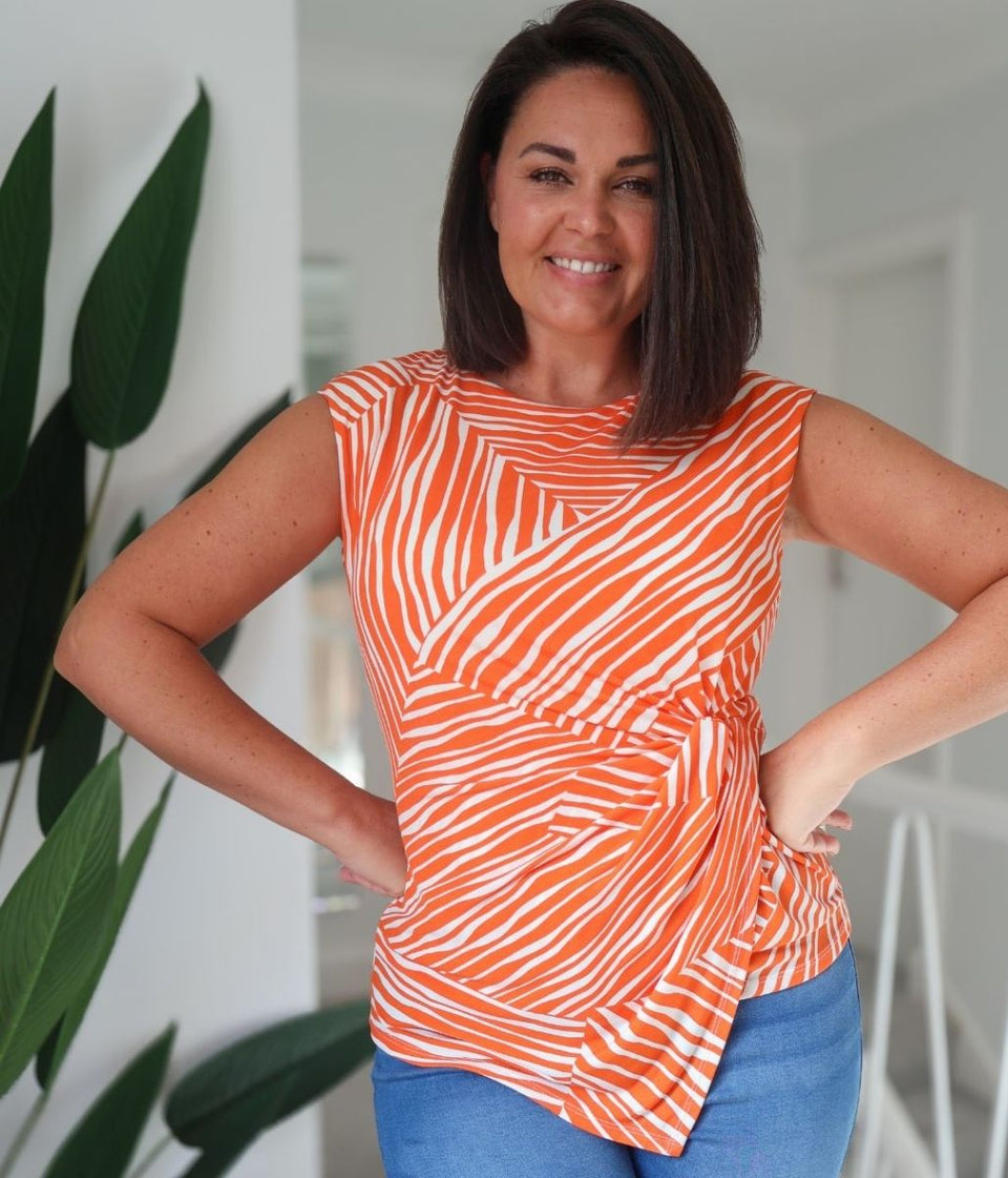 Orange Contrast Stripe Asymmetric Top