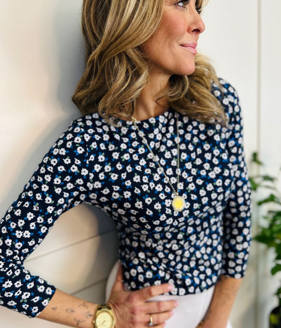 Navy Flower Print 3/4 Sleeve Jersey Top