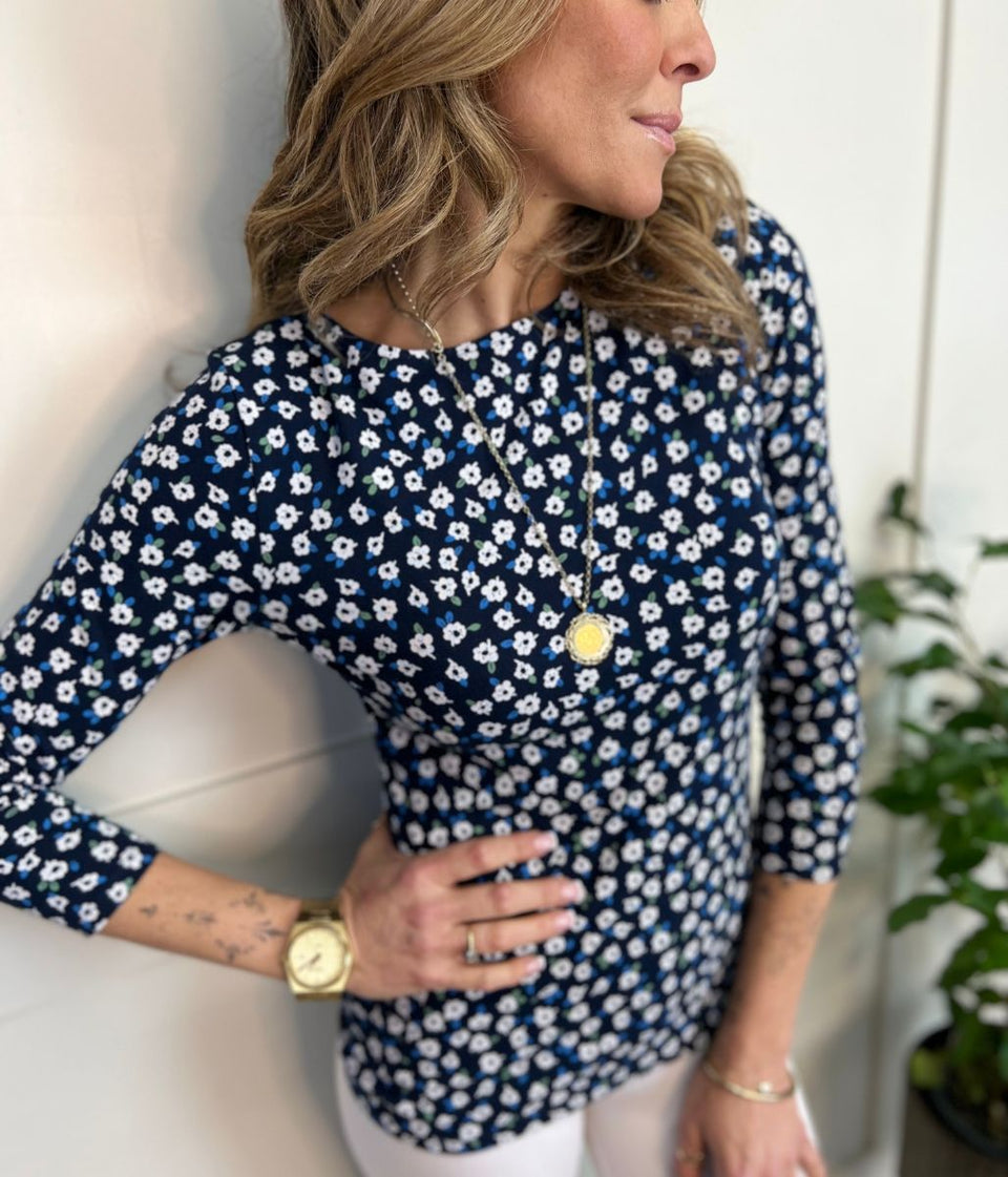 Navy Flower Print 3/4 Sleeve Jersey Top