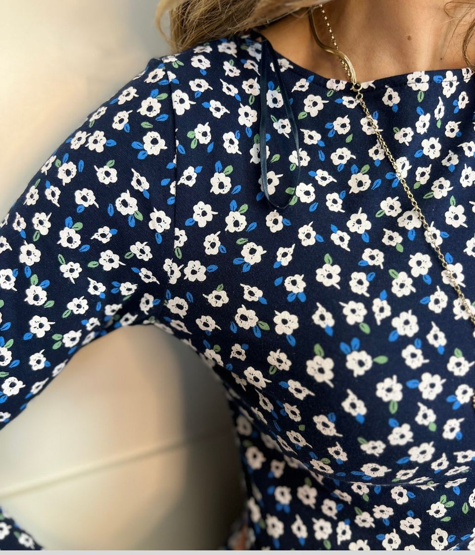 Navy Flower Print 3/4 Sleeve Jersey Top