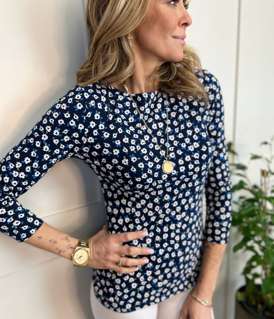 Navy Flower Print 3/4 Sleeve Jersey Top