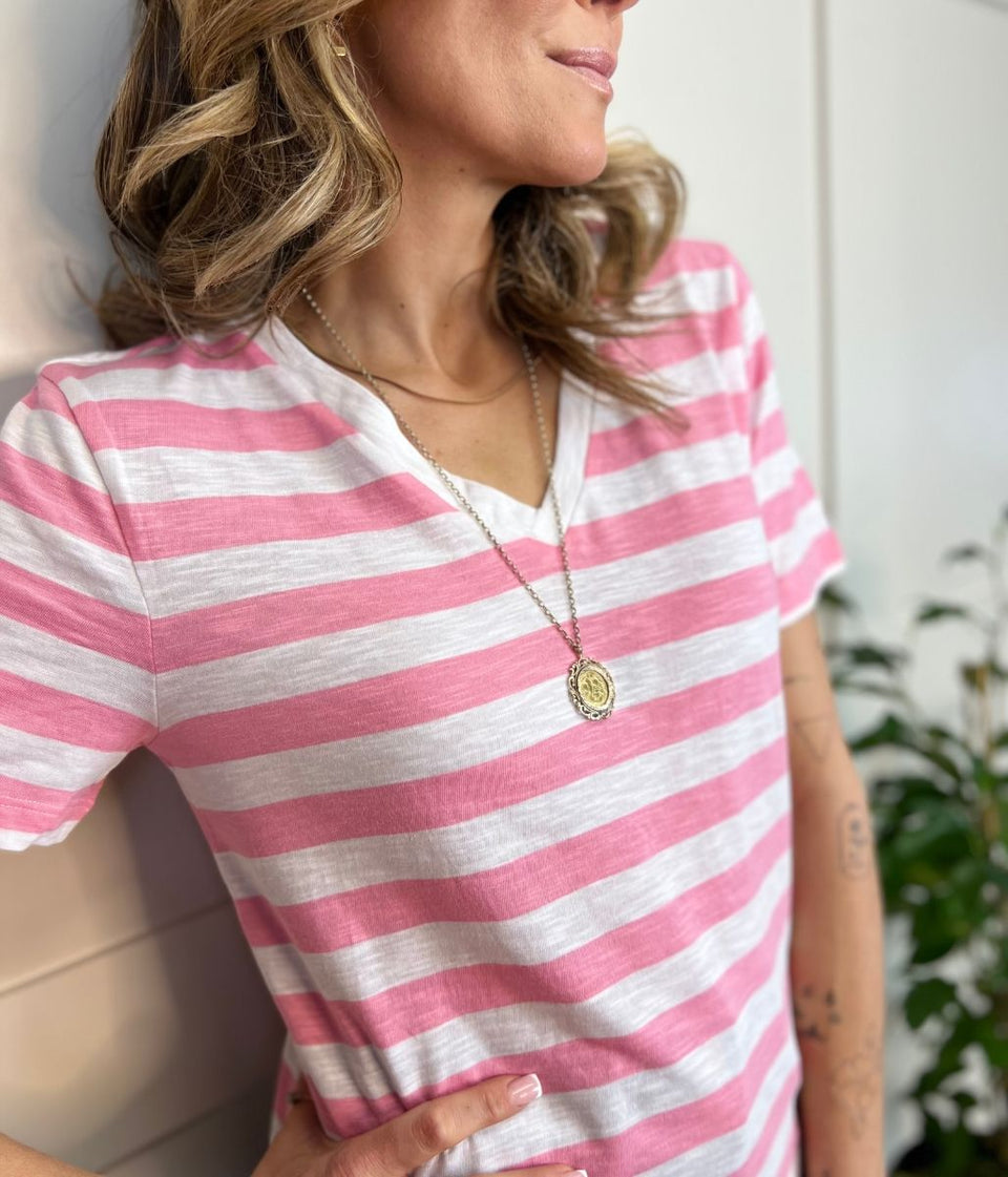 Pink Striped Cotton V Neck Tee