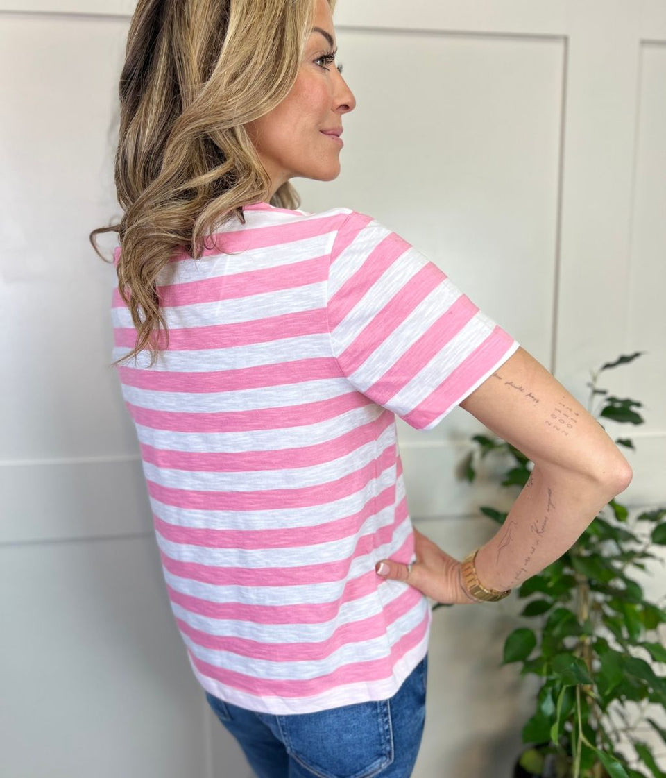 Pink Striped Cotton V Neck Tee