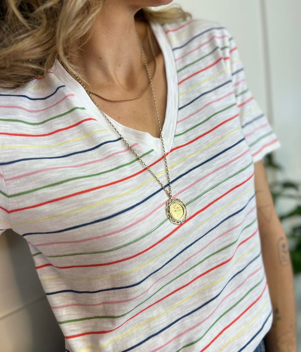 Rainbow Striped Cotton V Neck Tee