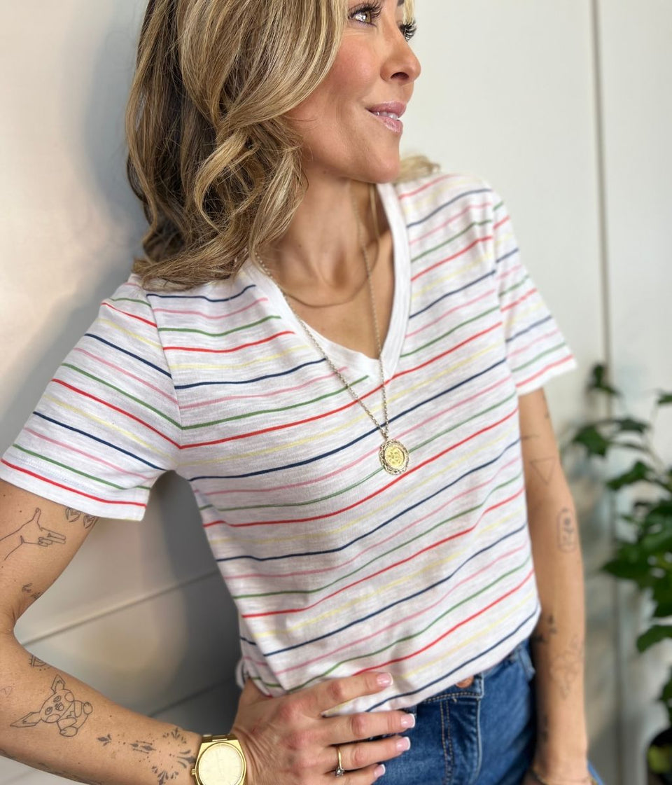 Rainbow Striped Cotton V Neck Tee