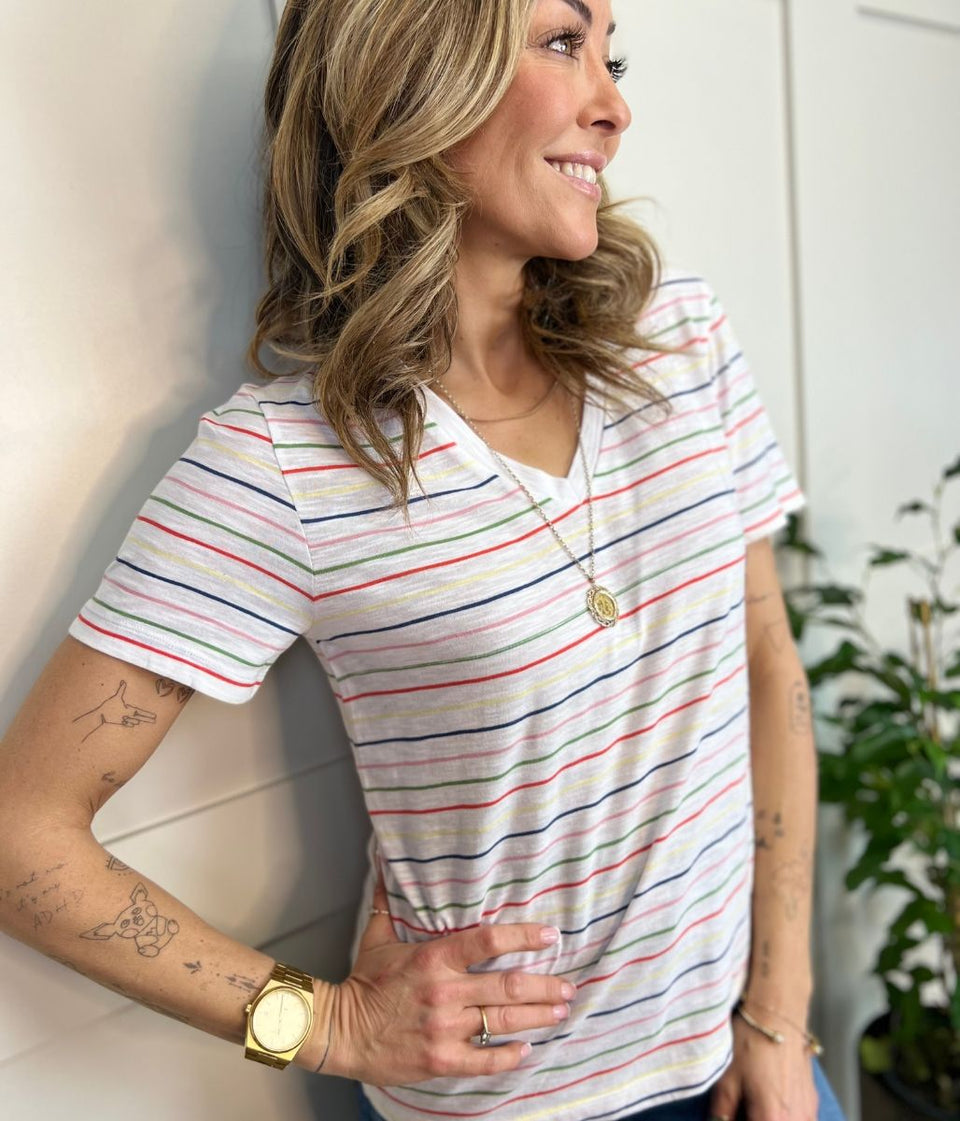 Rainbow Striped Cotton V Neck Tee