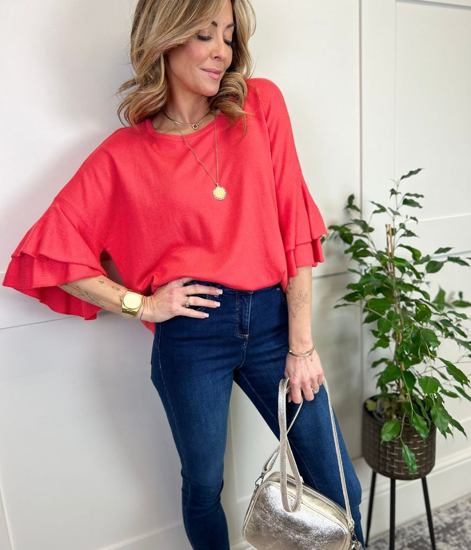 Coral Daisi Double Frill Sleeve Knit Top