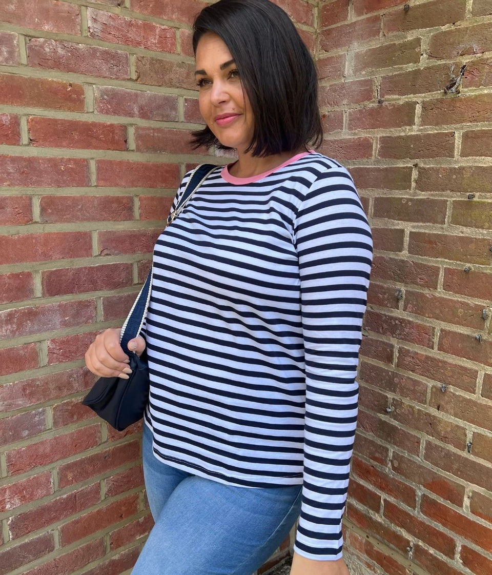 Navy Striped Pure Cotton Long Sleeve Top