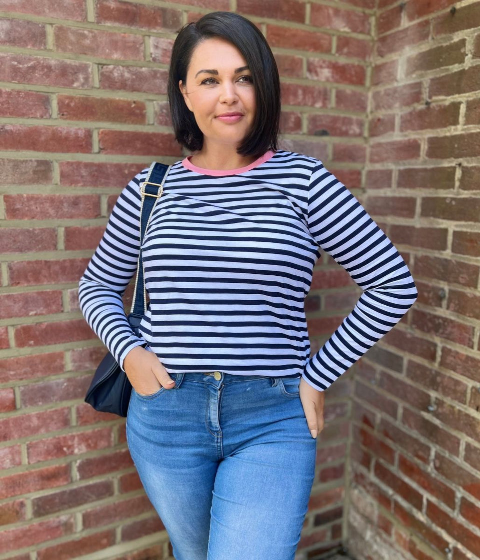 Navy Striped Pure Cotton Long Sleeve Top