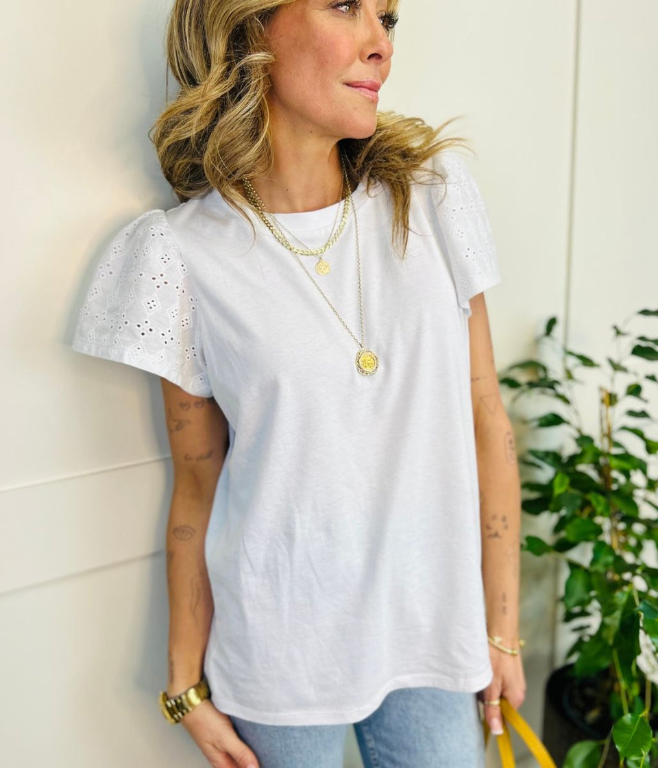 White Embroidered Sleeve Cotton Tee