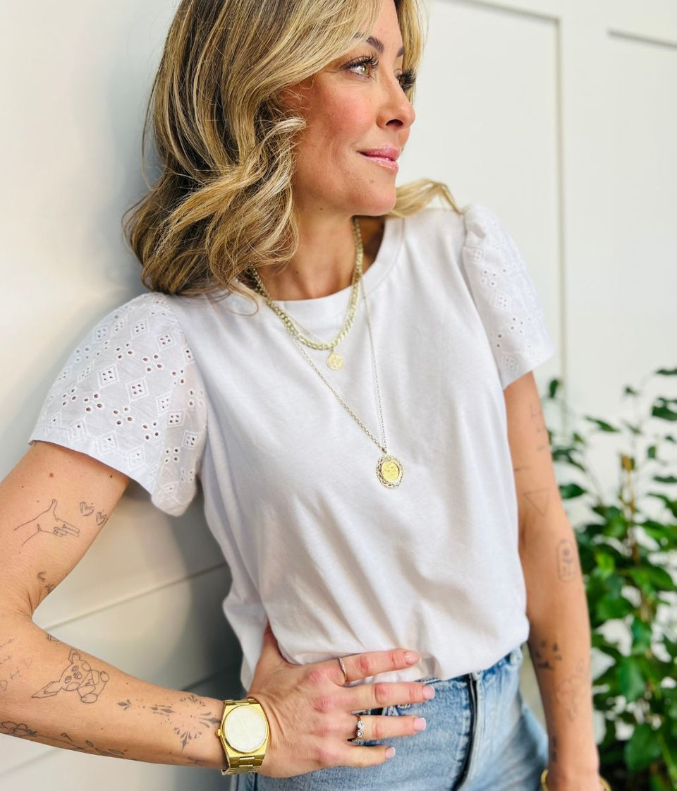 White Embroidered Sleeve Cotton Tee