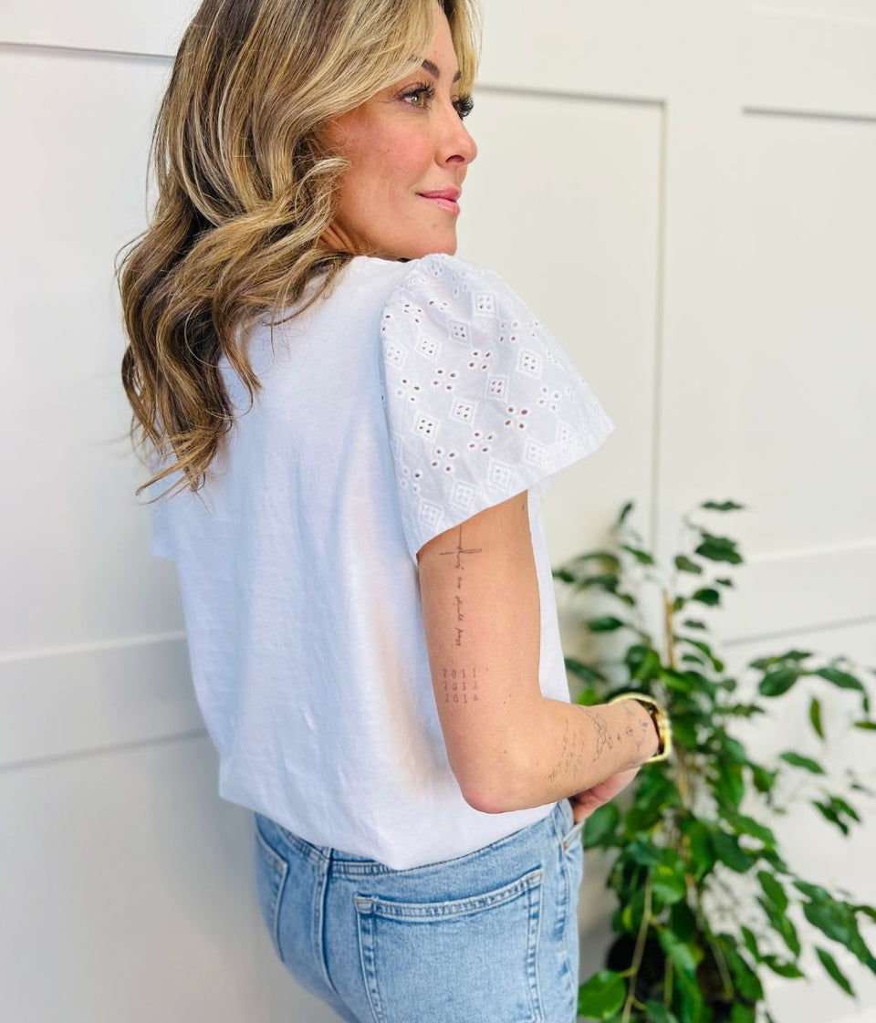 White Embroidered Sleeve Cotton Tee