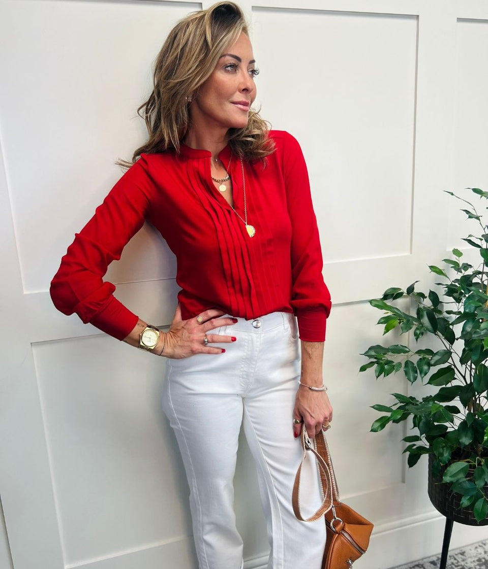 Red Pleated Jersey Blouse