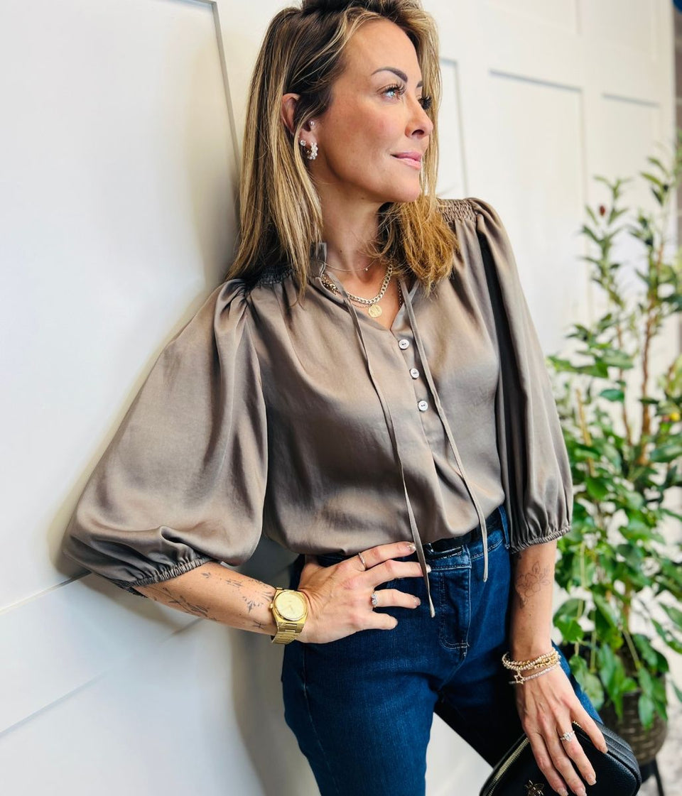 Mocha Tie Neck Popover Blouse