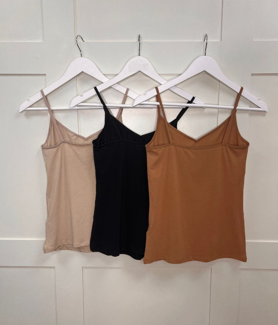 Black/Caramel/Nude 3 Pack Cotton Rich Strappy Vests