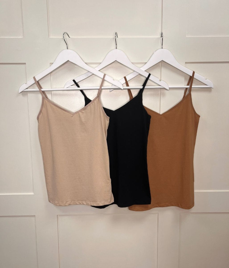 Black/Caramel/Nude 3 Pack Cotton Rich Strappy Vests