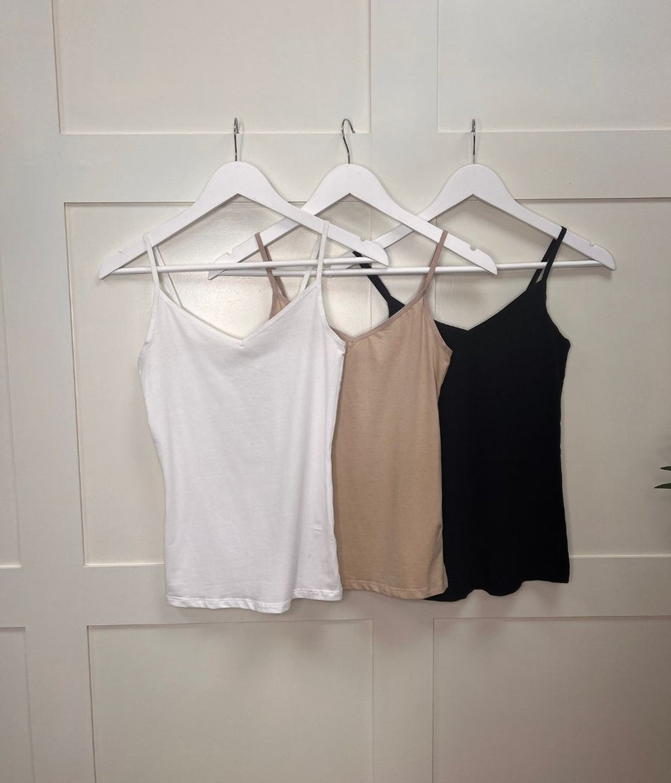 Black/Nude/White 3 Pack Cotton Rich Strappy Vests