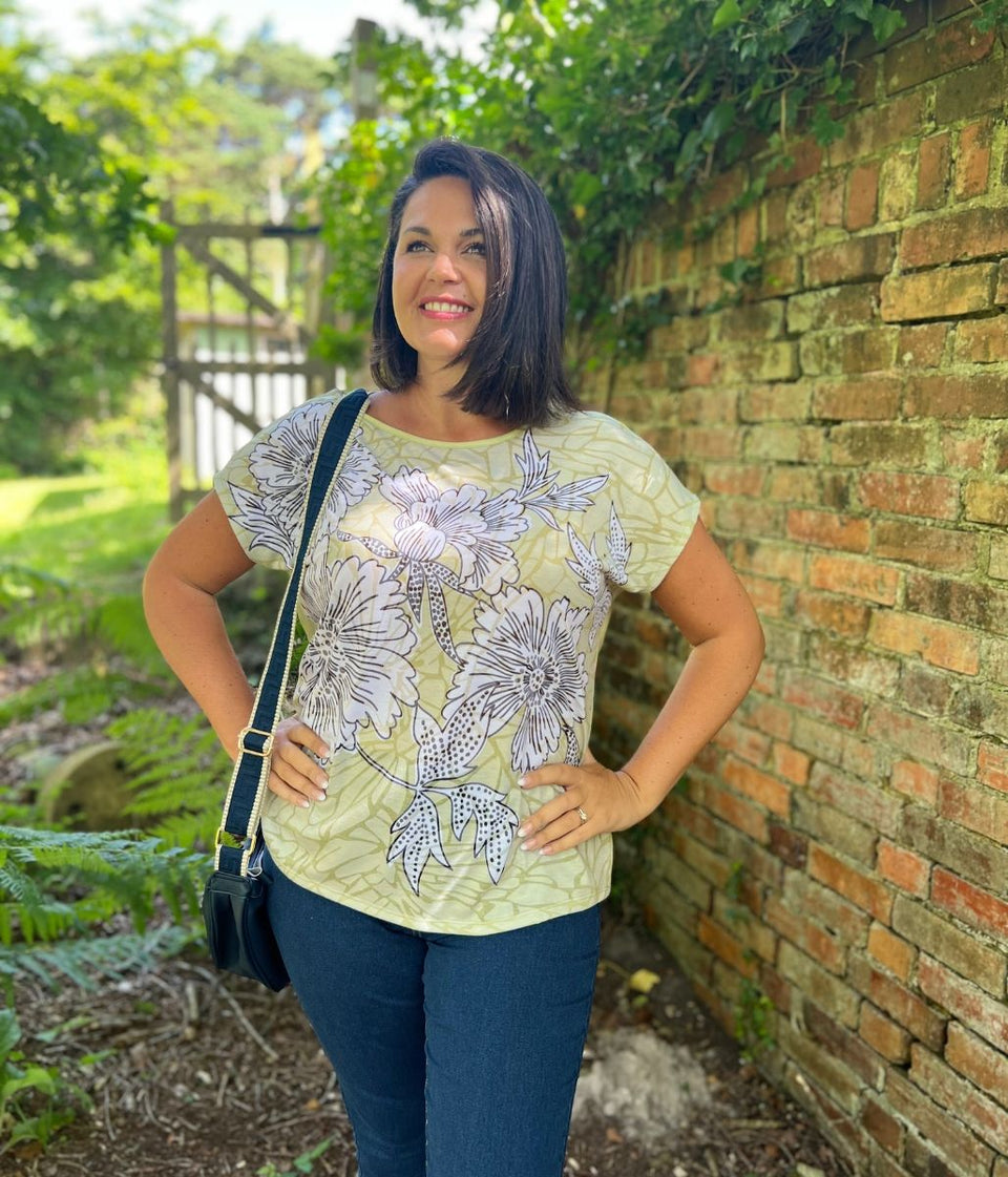 Green Flower Print Cap Sleeve Top