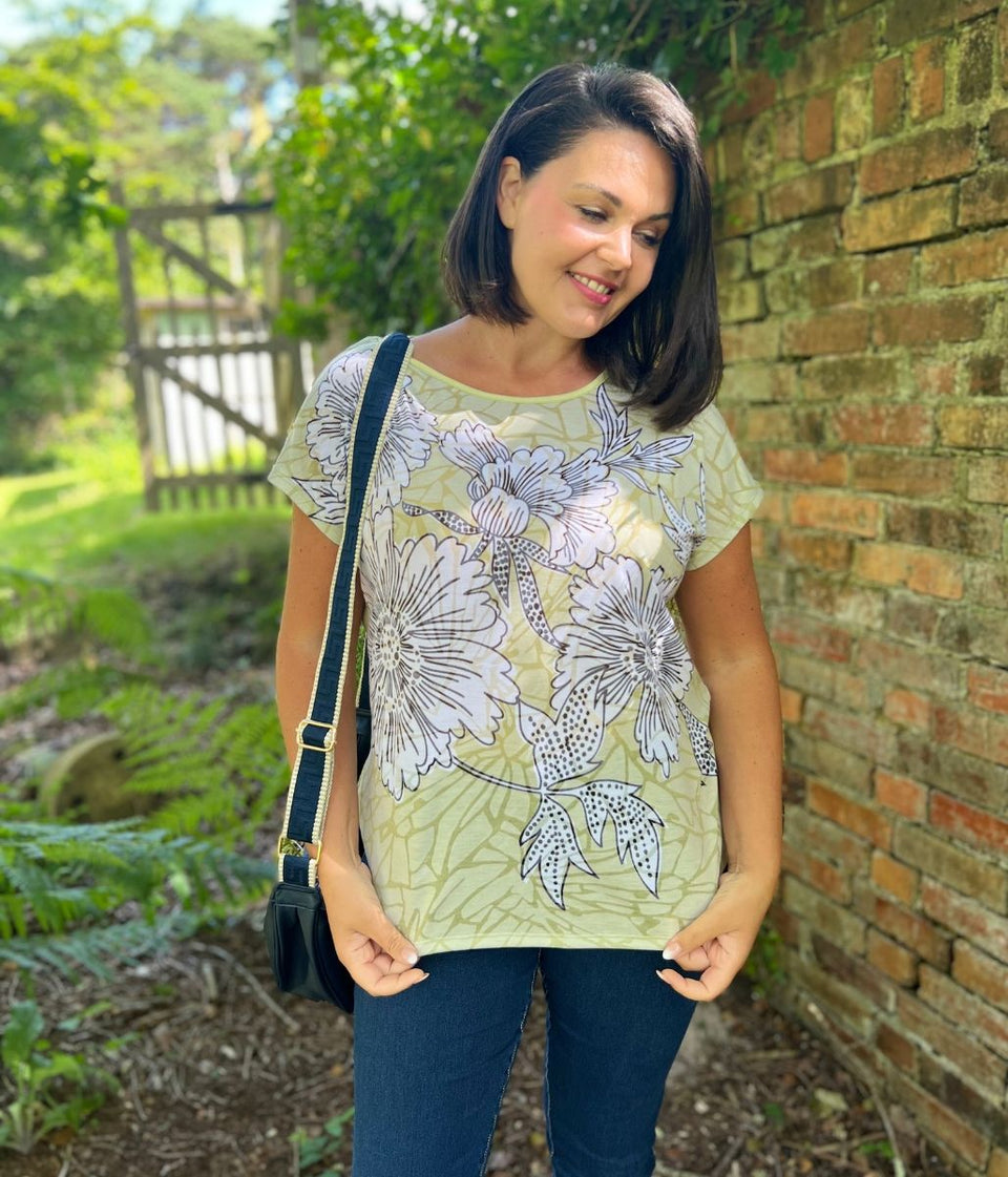 Green Flower Print Cap Sleeve Top