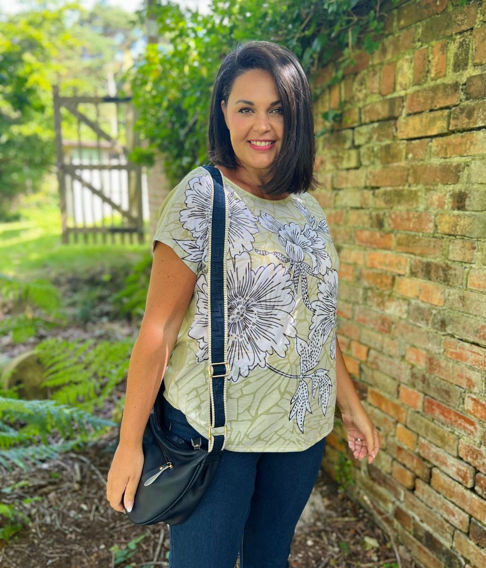 Green Flower Print Cap Sleeve Top