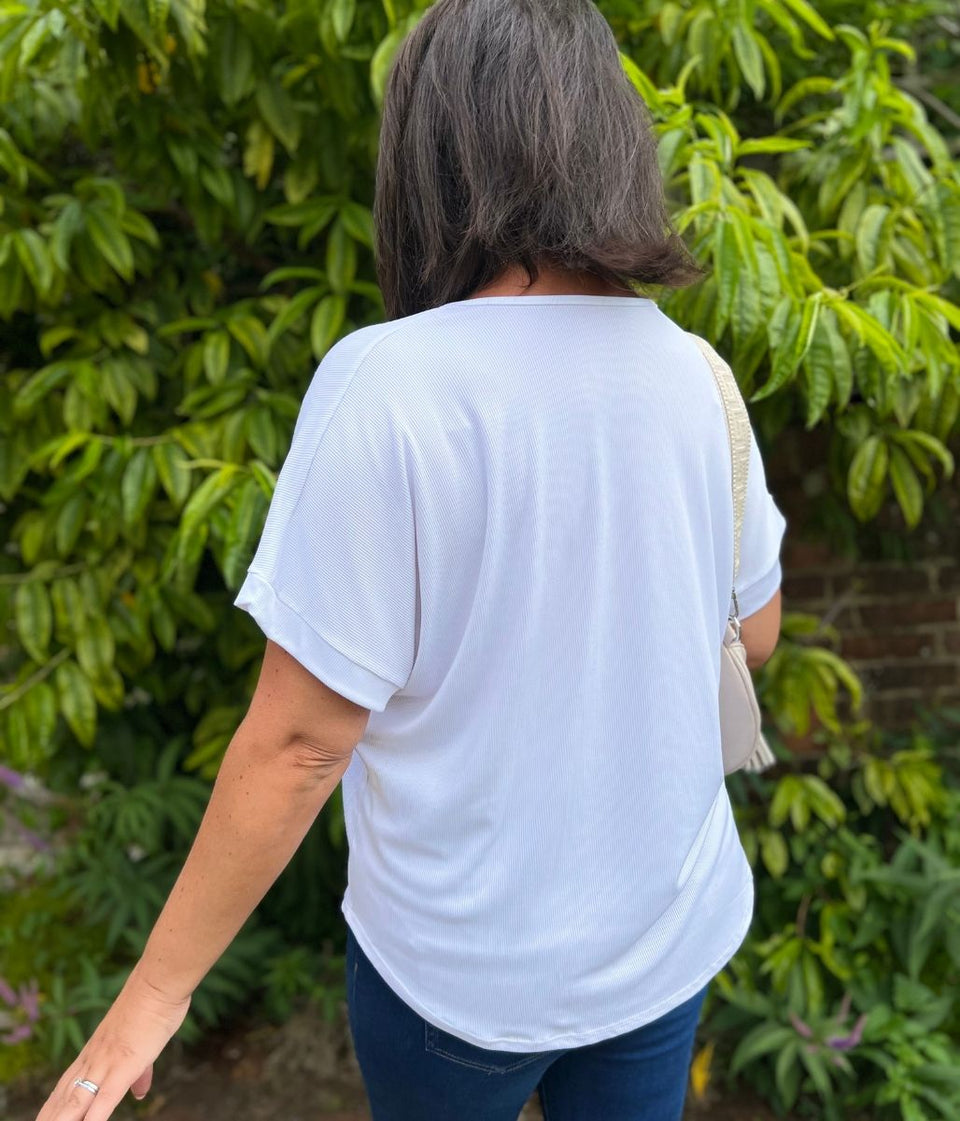 White Ribbed Necklace Top