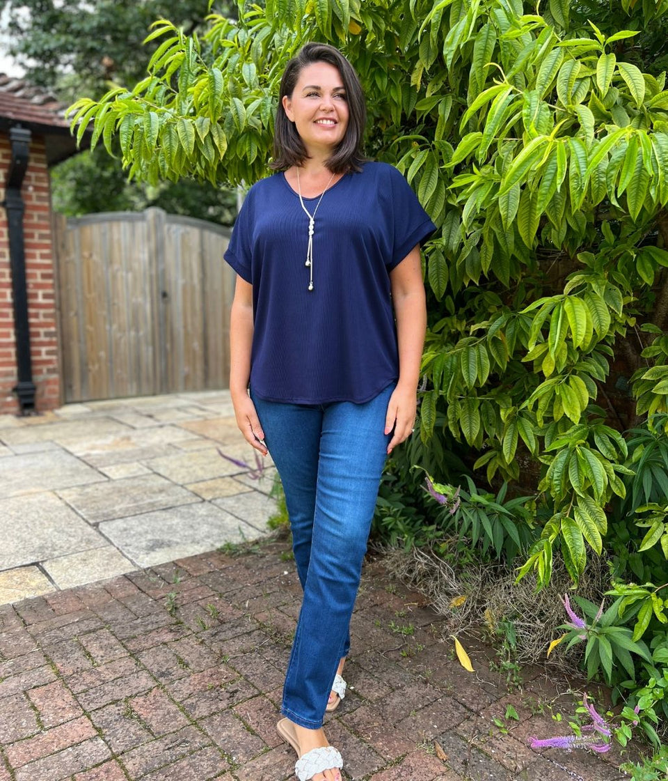 Navy Ribbed Necklace Top