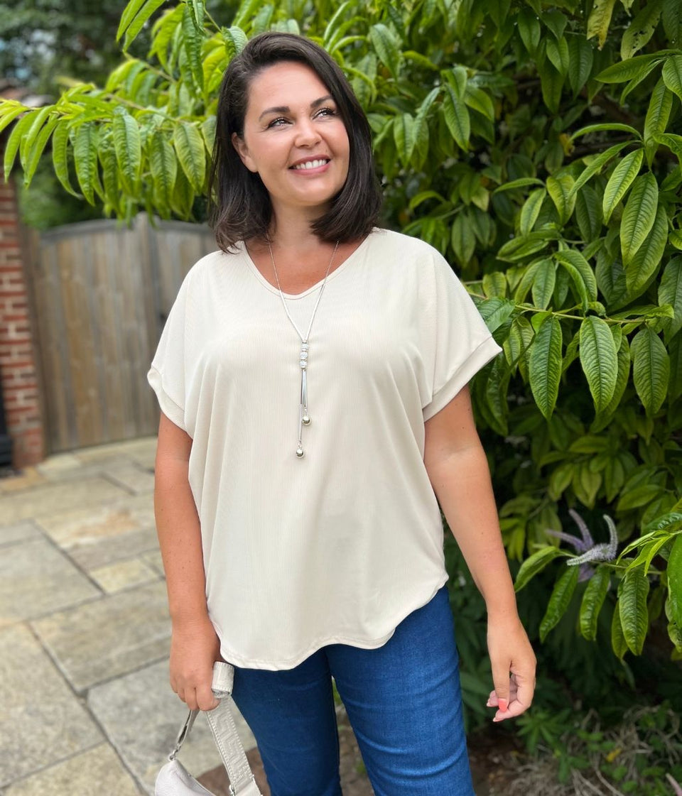 Beige Ribbed Necklace Top