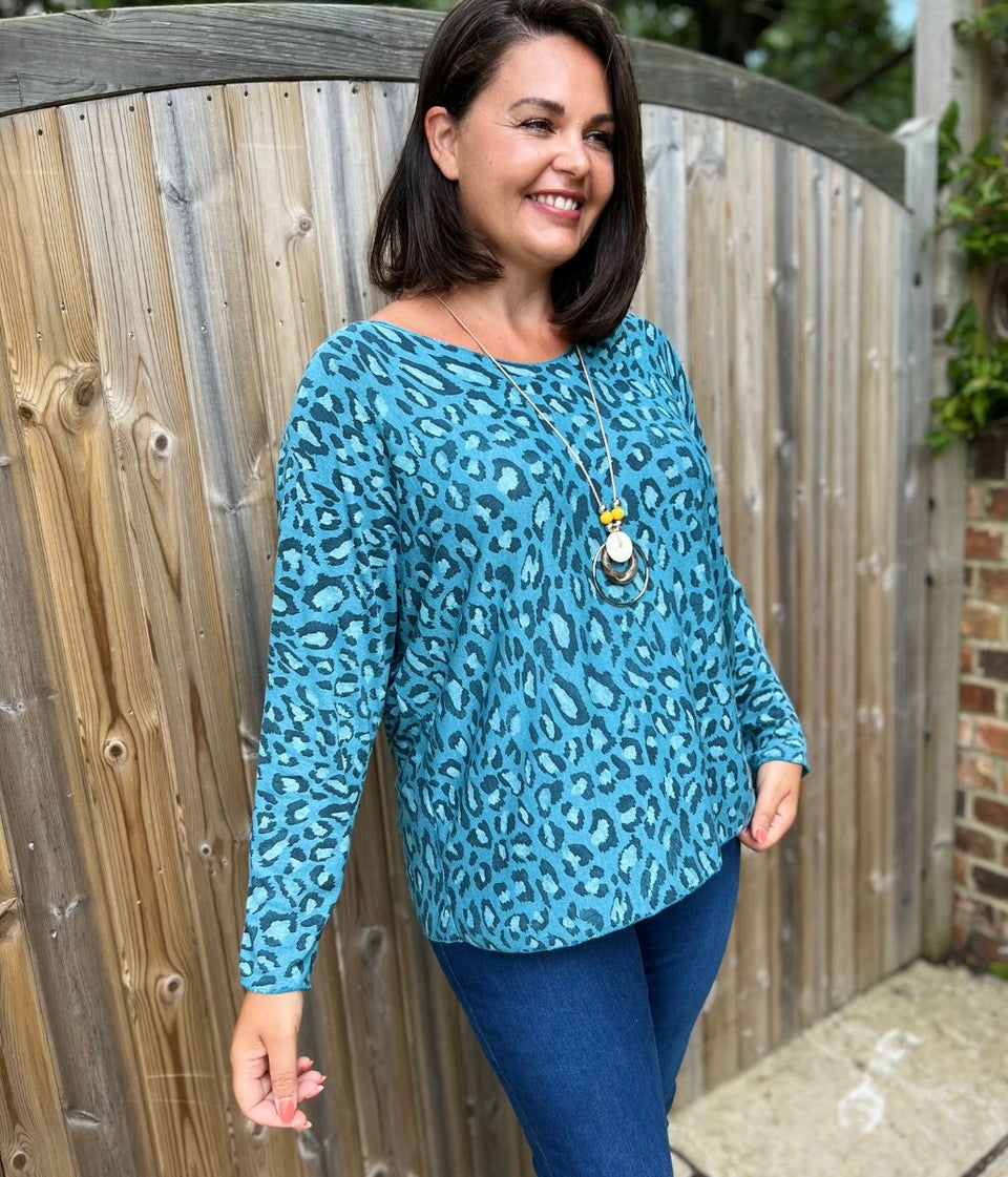 Teal Fine Knit Leopard Necklace Top