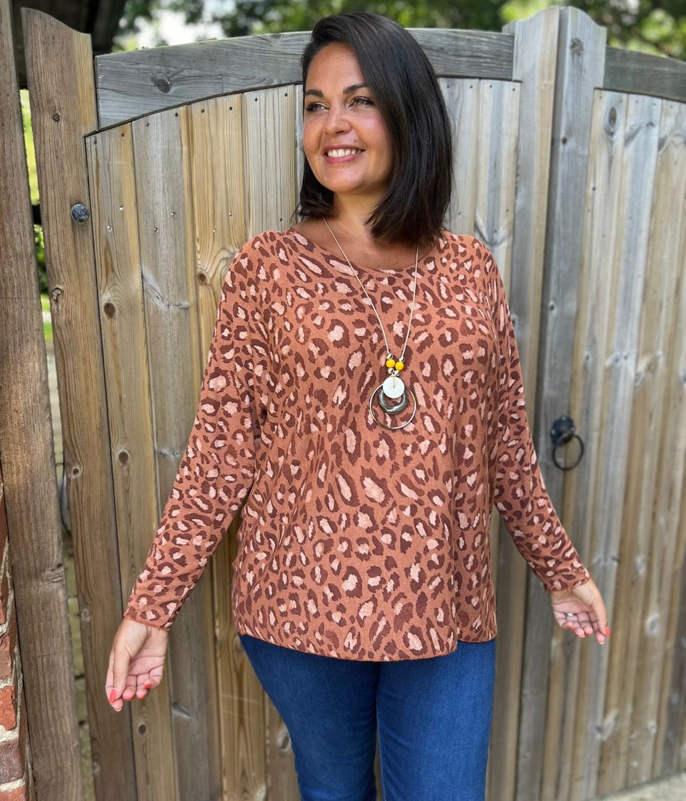 Rust Fine Knit Leopard Necklace Top