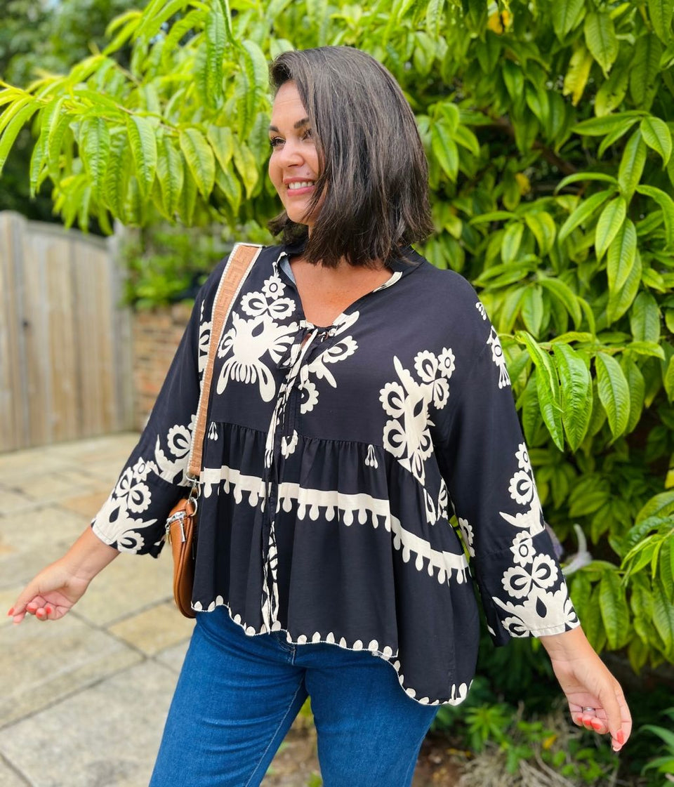 Black Tribal Smock Blouse