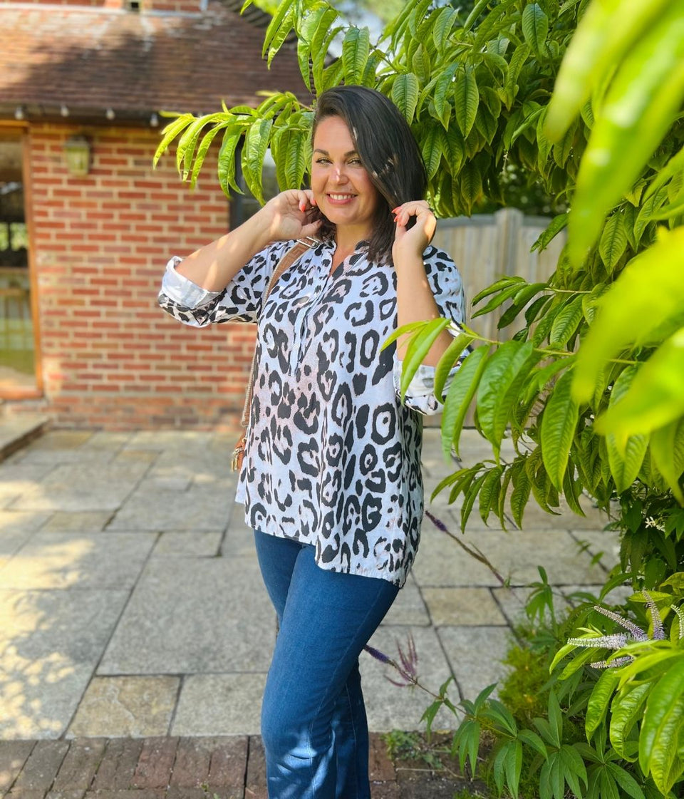 Ivory Notch Neck Leopard Print Blouse