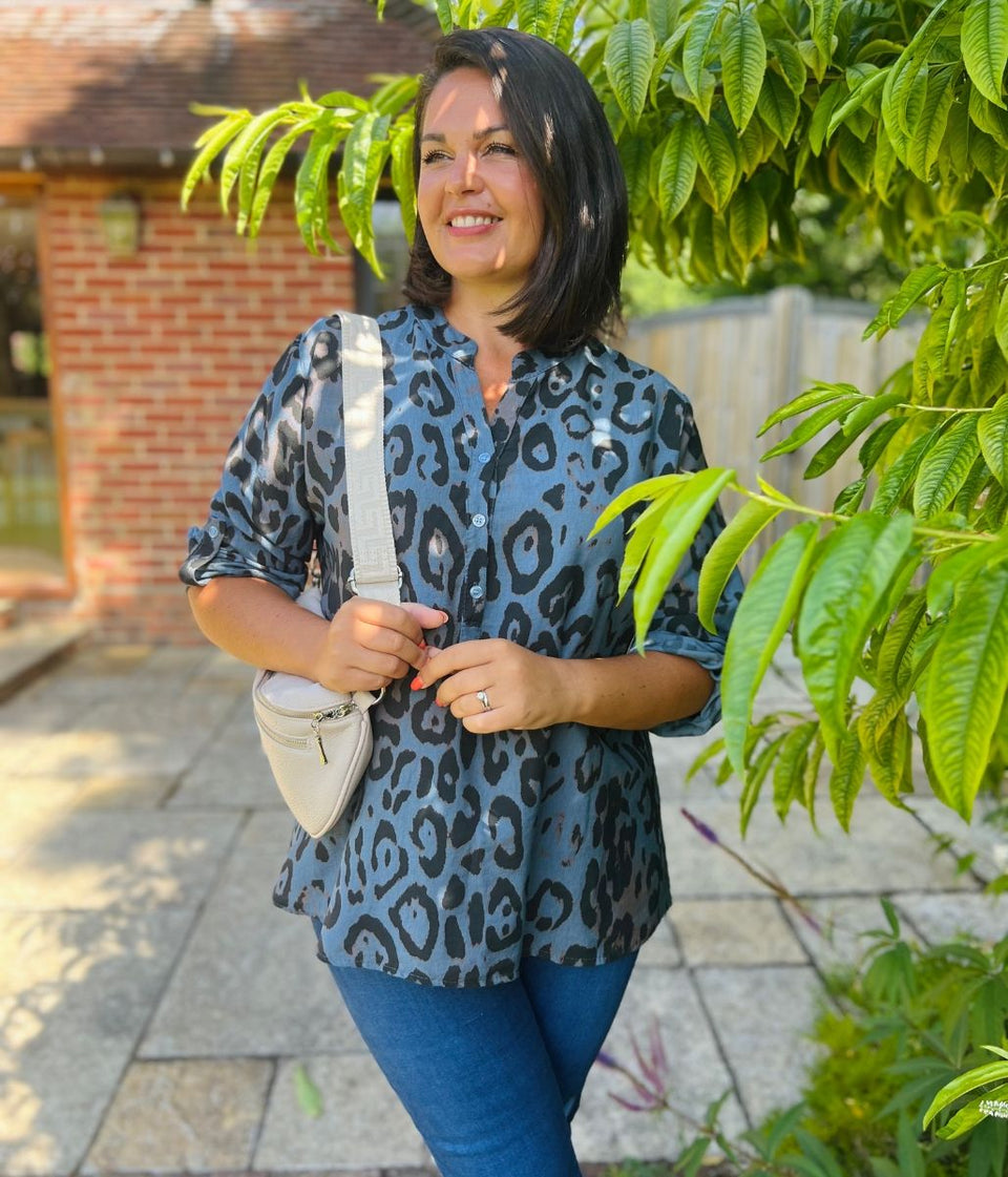 Blue Notch Neck Leopard Print Blouse