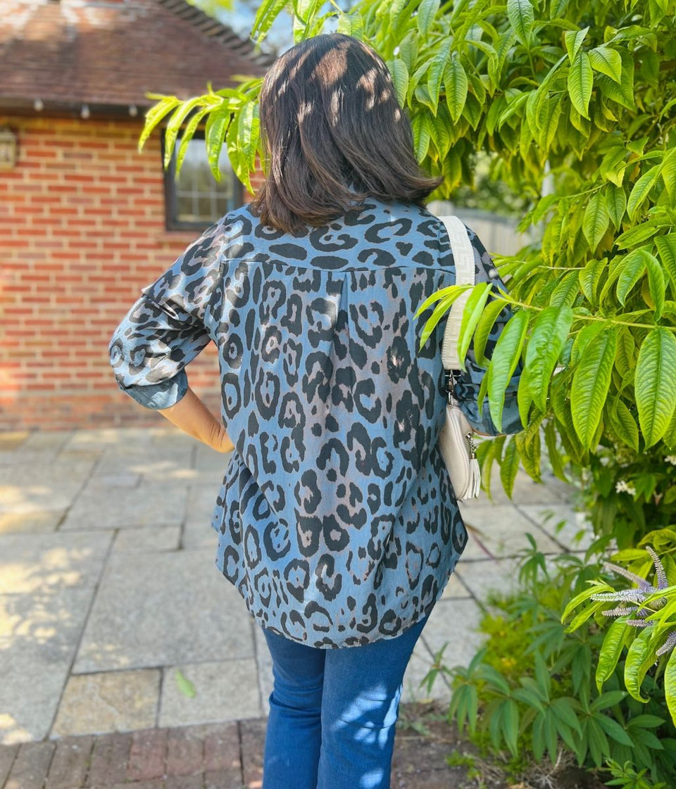 Blue Notch Neck Leopard Print Blouse