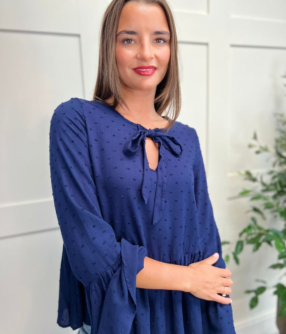 Navy Tie Neck Dobby Blouse