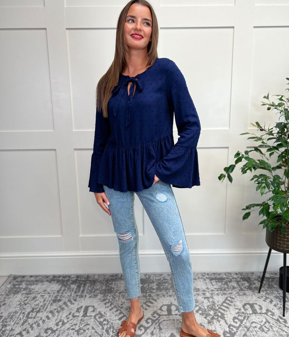 Navy Tie Neck Dobby Blouse