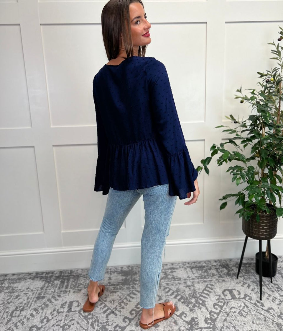 Navy Tie Neck Dobby Blouse