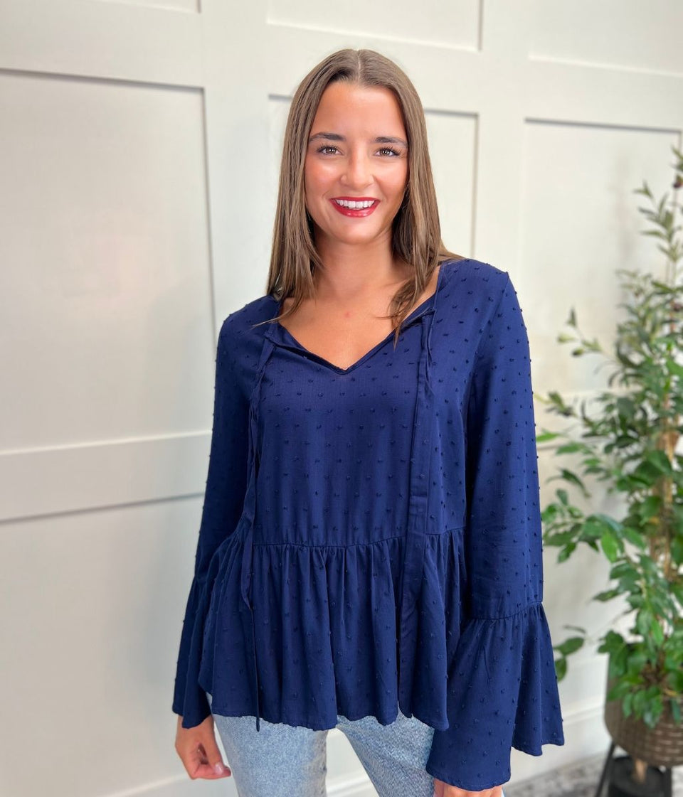 Navy Tie Neck Dobby Blouse