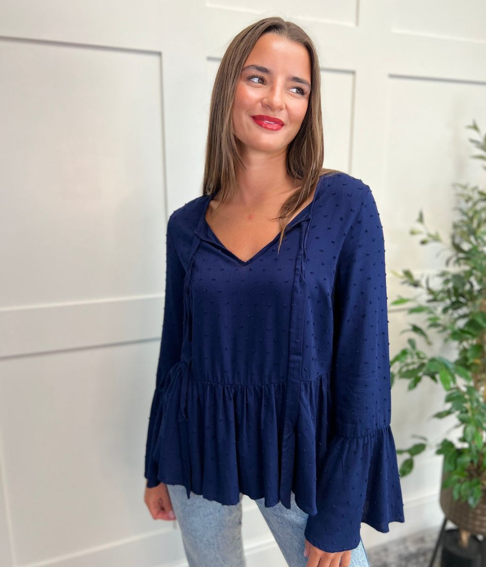 Navy Tie Neck Dobby Blouse