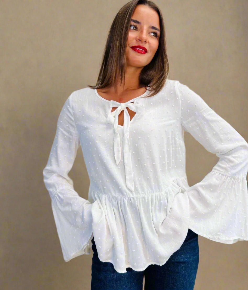 white tied dobby fabric loose fit blouse