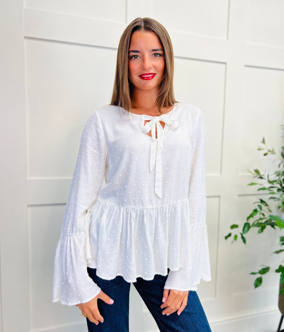 Ivory Tie Neck Dobby Blouse